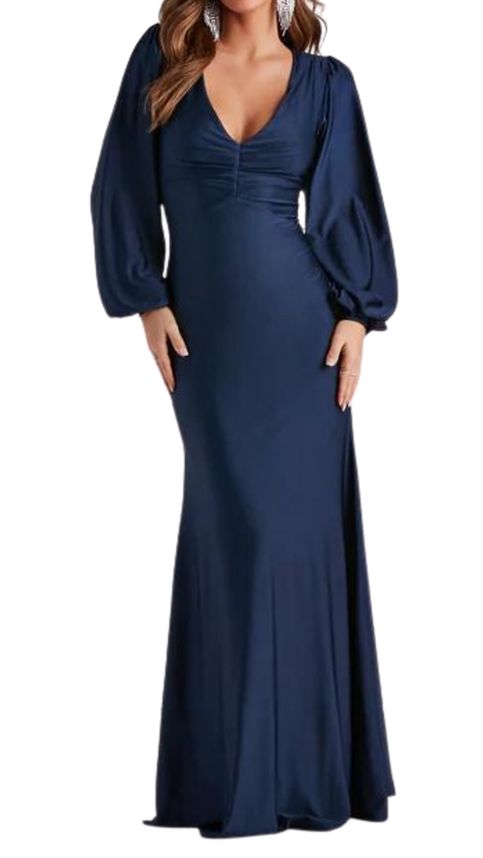 Dakotah Balloon Sleeved Mermaid Gown in Navy