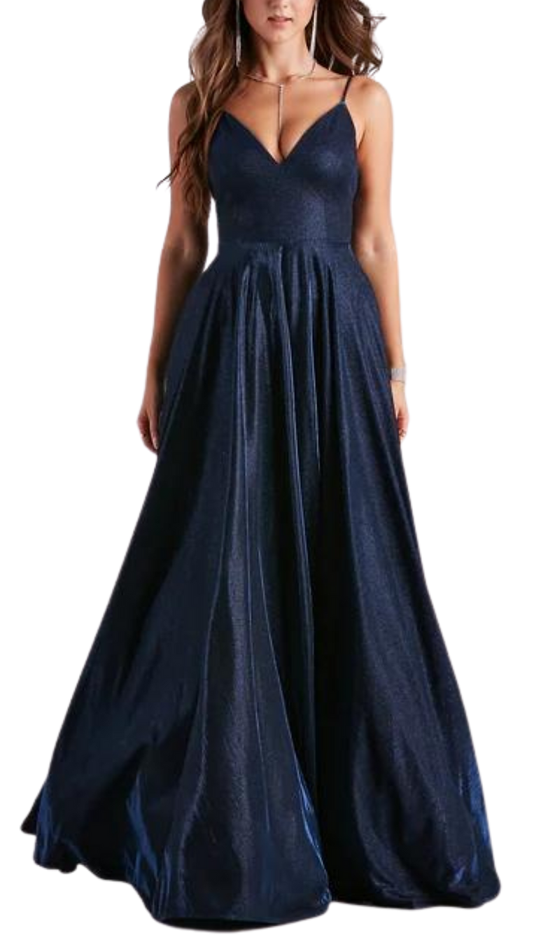 Effie Low-Back Glitter Gown in Navy