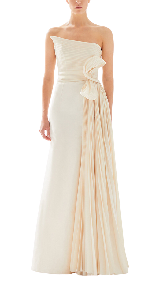 Tarik Ediz Peltz Asymmetrical Pleated Gown in Vanilla