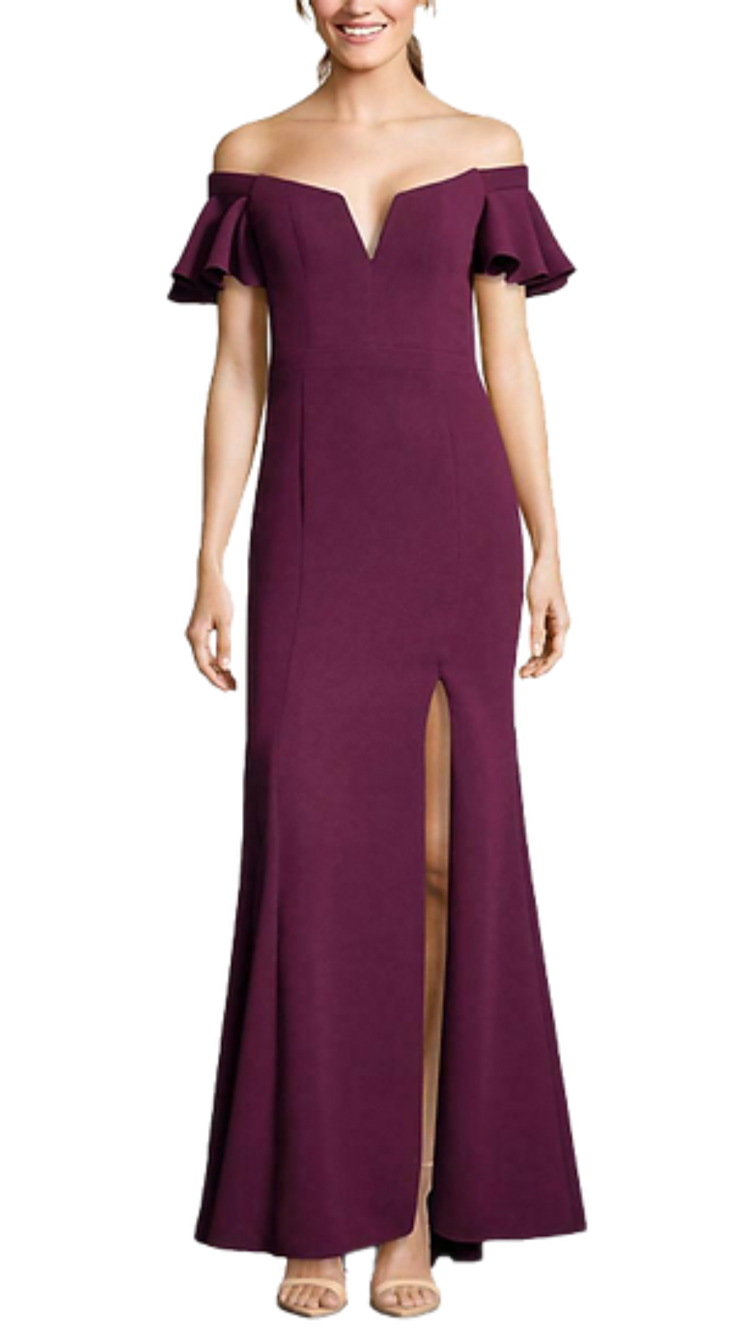 Excape Sadie Ruffled Off-Shoulder Gown in Burgundy