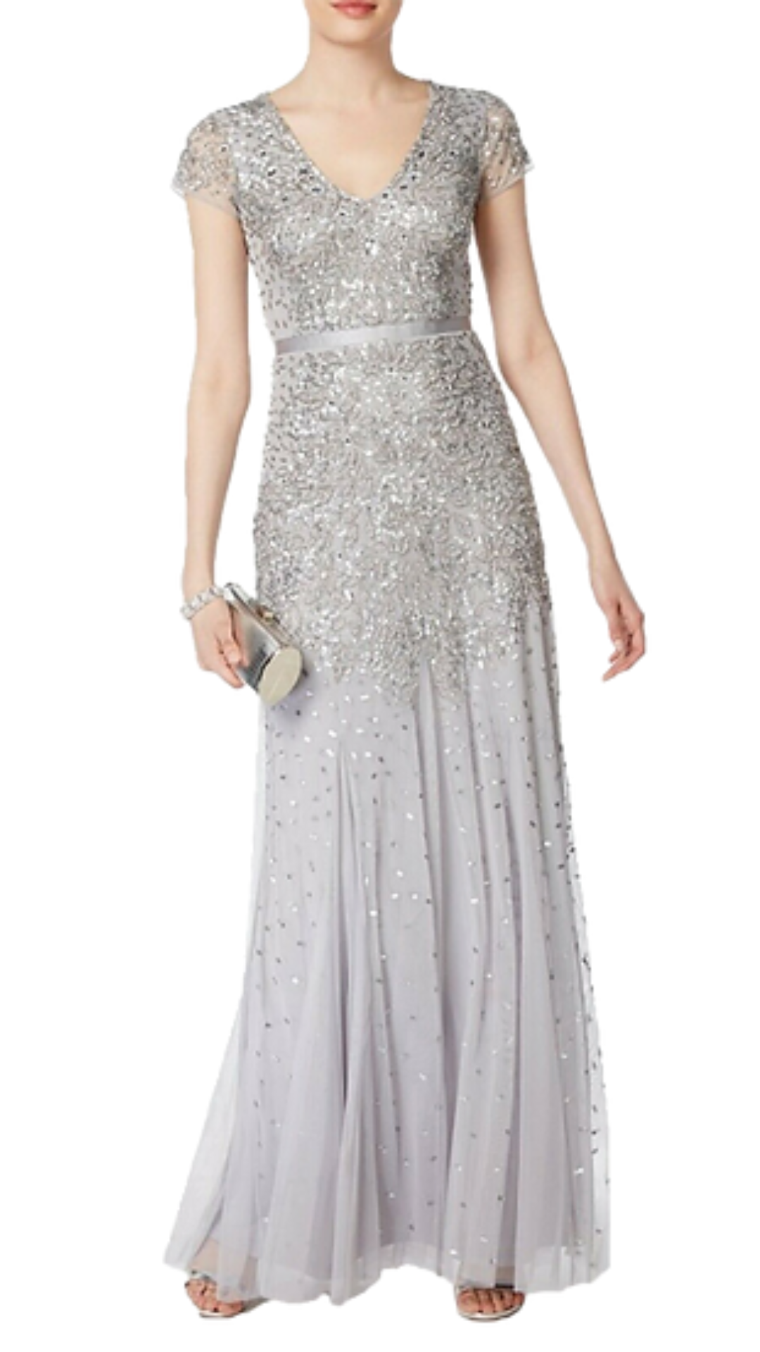 Adrianna Papell Gladys Cap Sleeved Beaded Gown in Silver Style Lease