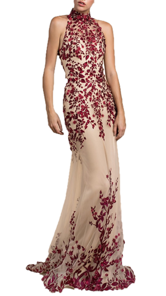 Andrea & Leo Ivy Halter Applique Gown in Maroon