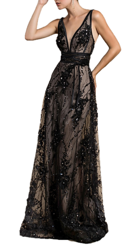 Andrea & Leo Sylvia Sheer Embellished Gown in Black