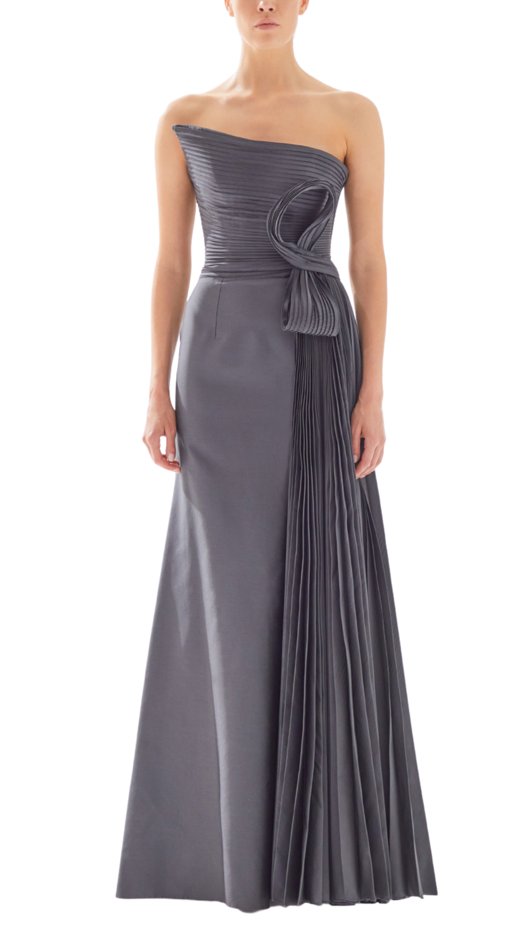 Tarik Ediz Peltz Asymmetrical Pleated Gown in Smoke