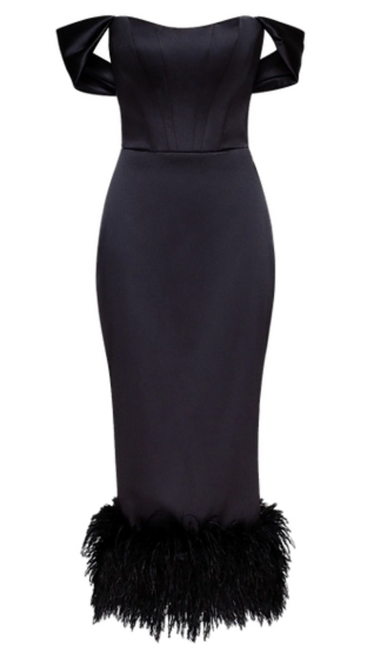 Milla Nixie Off-Shoulder Feather Cocktail Dress in Black