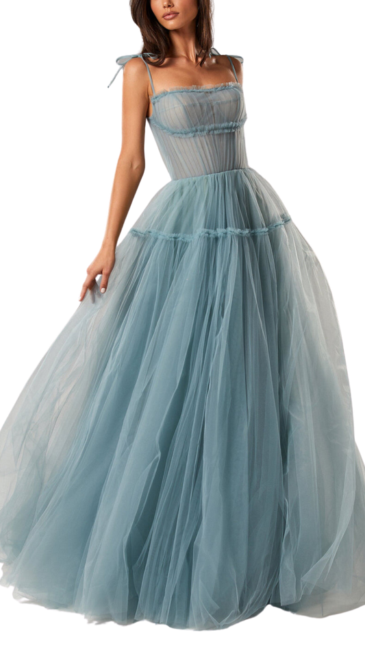 Milla Tulle Tie-Straps Maxi Dress in Ocean Wave