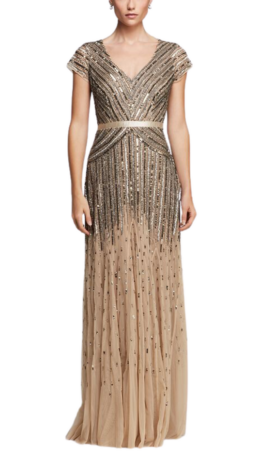 Adrianna Papell Beaded Cap Sleeved Gown in Nude