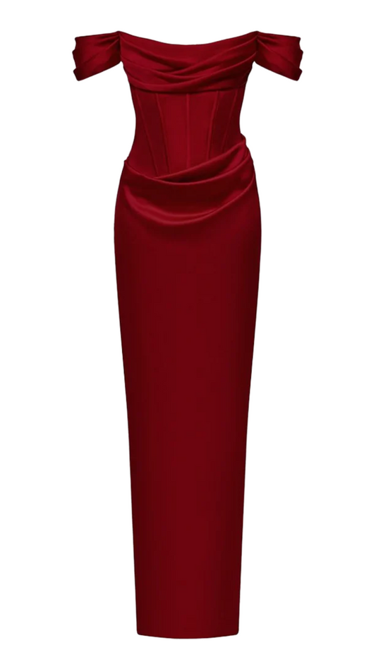 Rasario Taryn Off-Shoulder Drape Corset Satin Dress in Burgundy