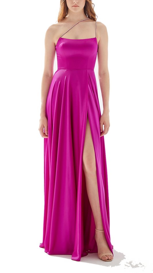 Tarik Ediz Clair Asymmetric Satin Dress in Fuchsia