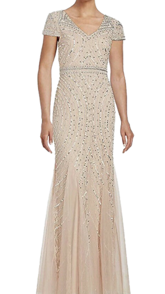 Adrianna Papell Eliza Cap Sleeved Beaded Gown in Pink