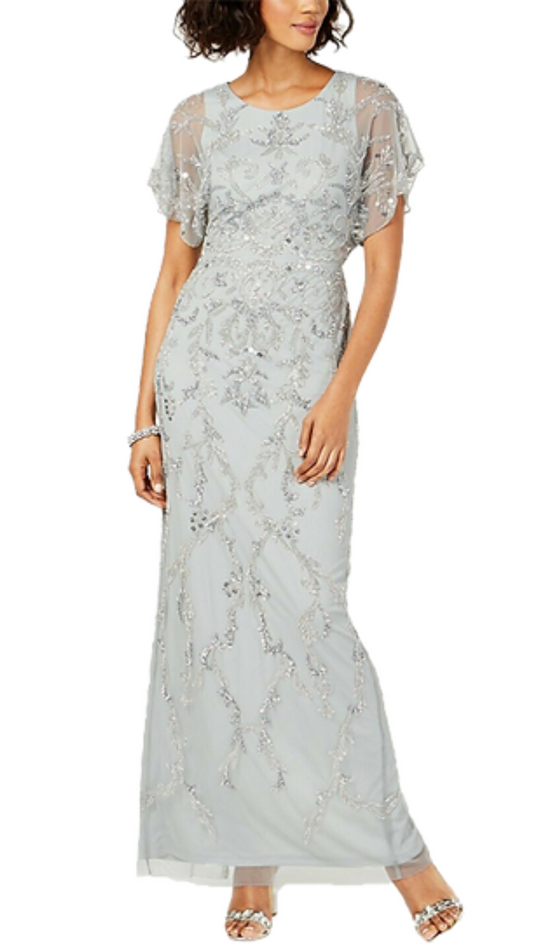 Adrianna Papell Shellie Flutter Sleeve Embellished Gown in Pewter