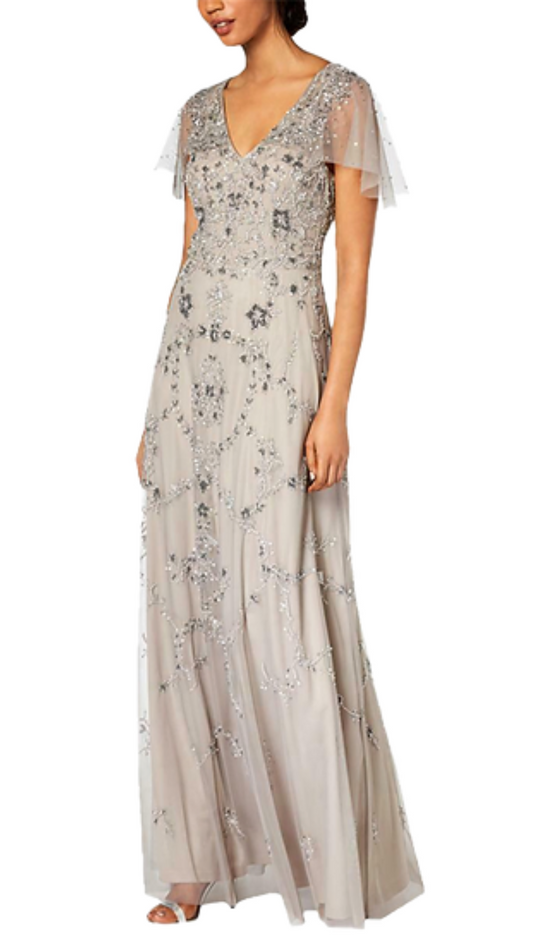 Adrianna Papell Tessa Flutter Sleeve Embellished Gown in Warm Grey