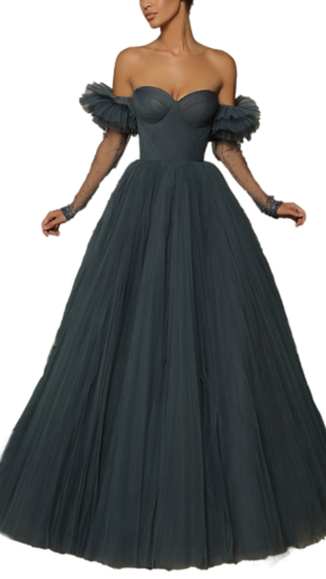 Tarik Ediz Marvel Off Shoulder Tulle Gown in Smoke Blue