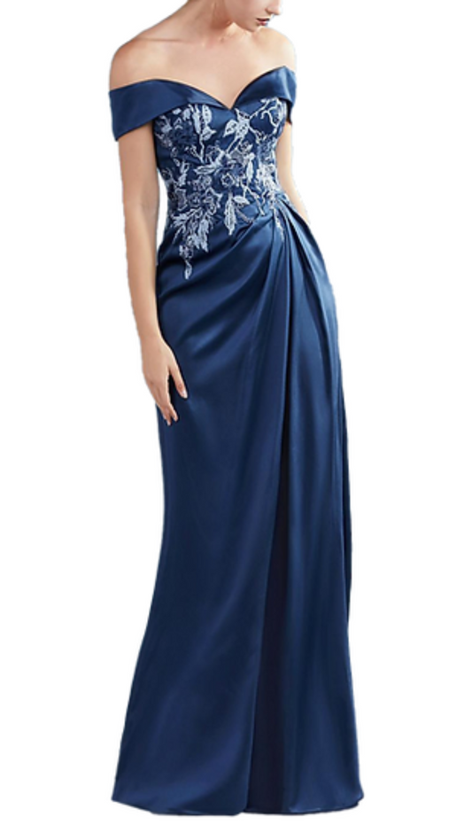 Andrea & Leo Magnolia Embroidered Off-Shoulder Gown in Royal Blue