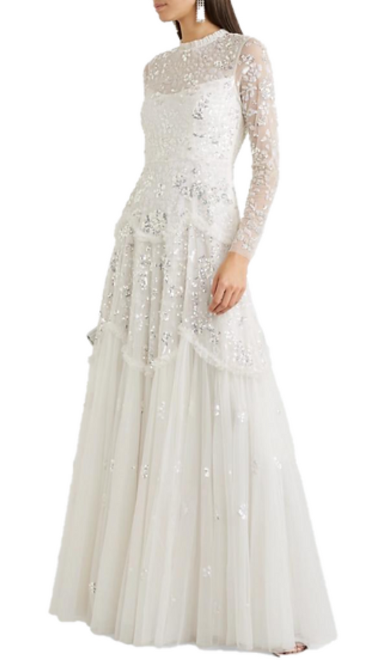 Needle & Thread Sequin Mock Neck Embellished Dress in White