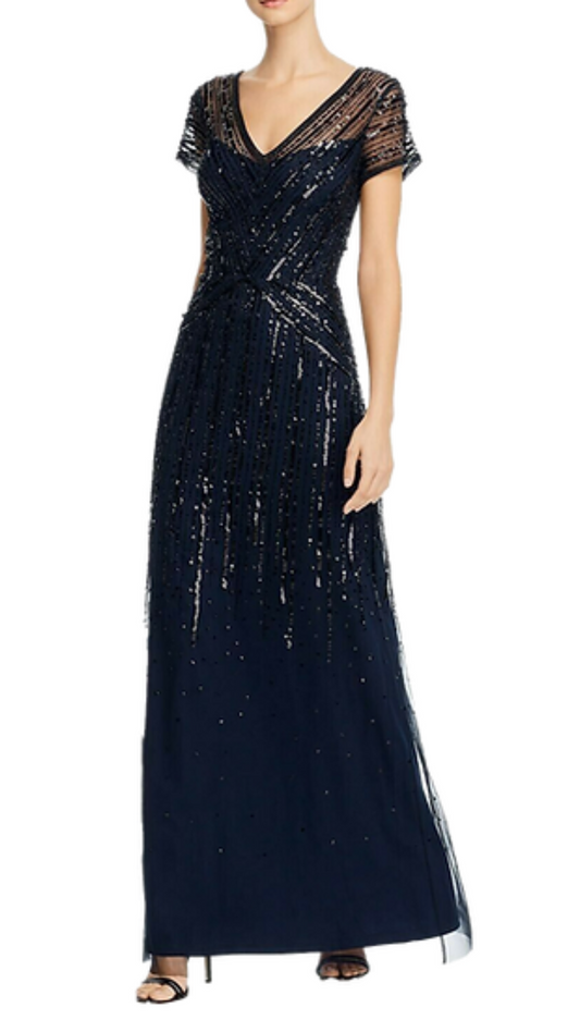 Adrianna Papell Kylie Sequined Short Sleeve Gown in Navy