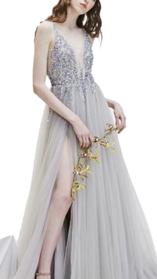 Style Lease Lucie Embellished Tulle Gown in Silver