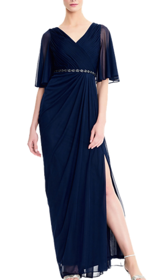 Adrianna Papell Theresa Flutter Sleeve Chiffon Gown in Midnight