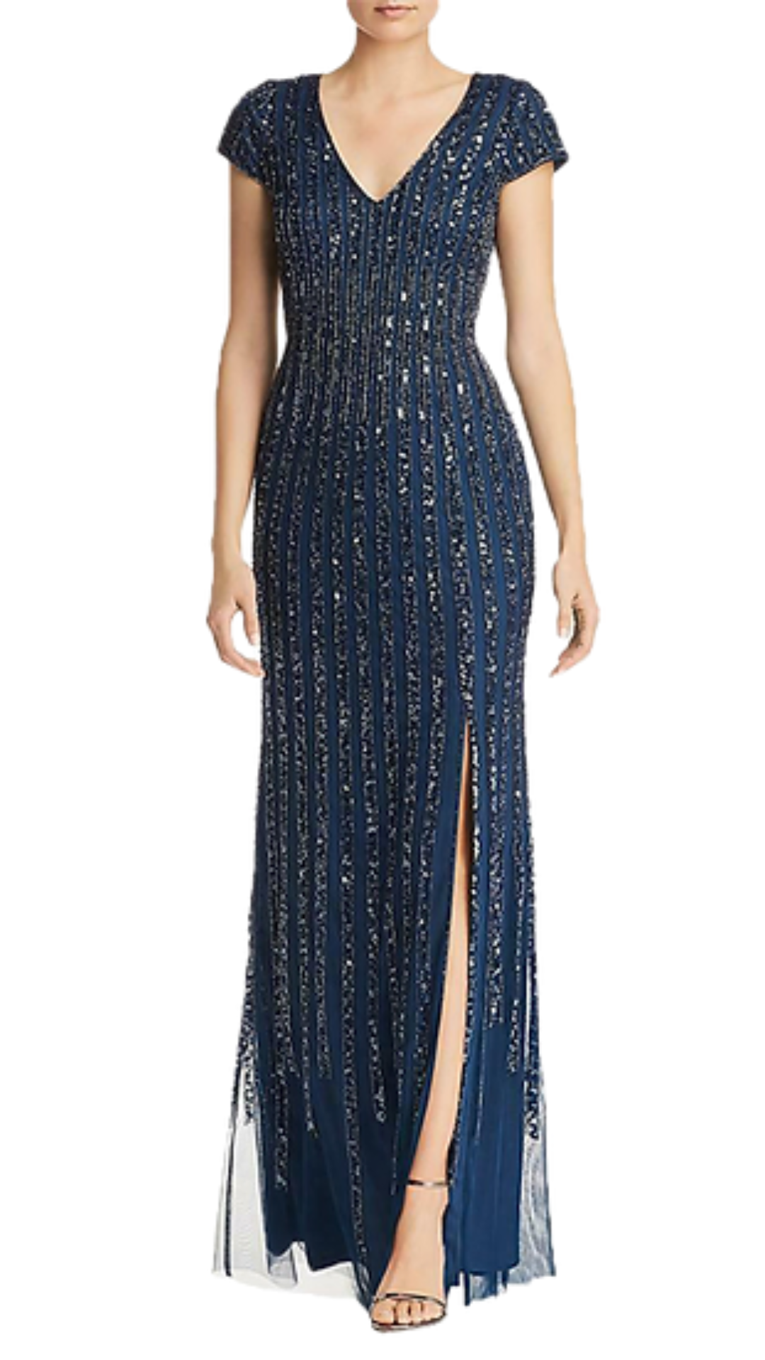 Adrianna Papell Kinsley Beaded Cap Sleeved Gown in Deep Blue