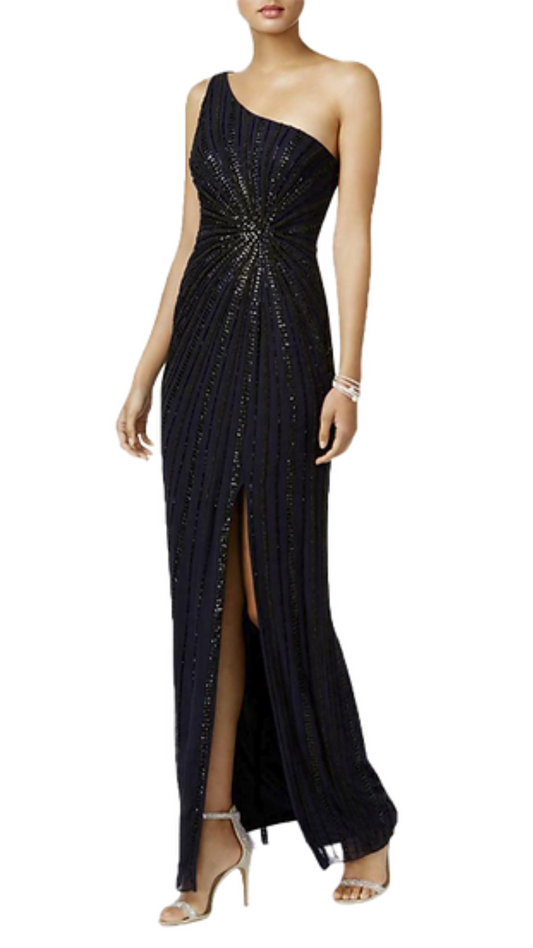 Adrianna Papell Alison Beaded One-Shoulder Gown in Navy