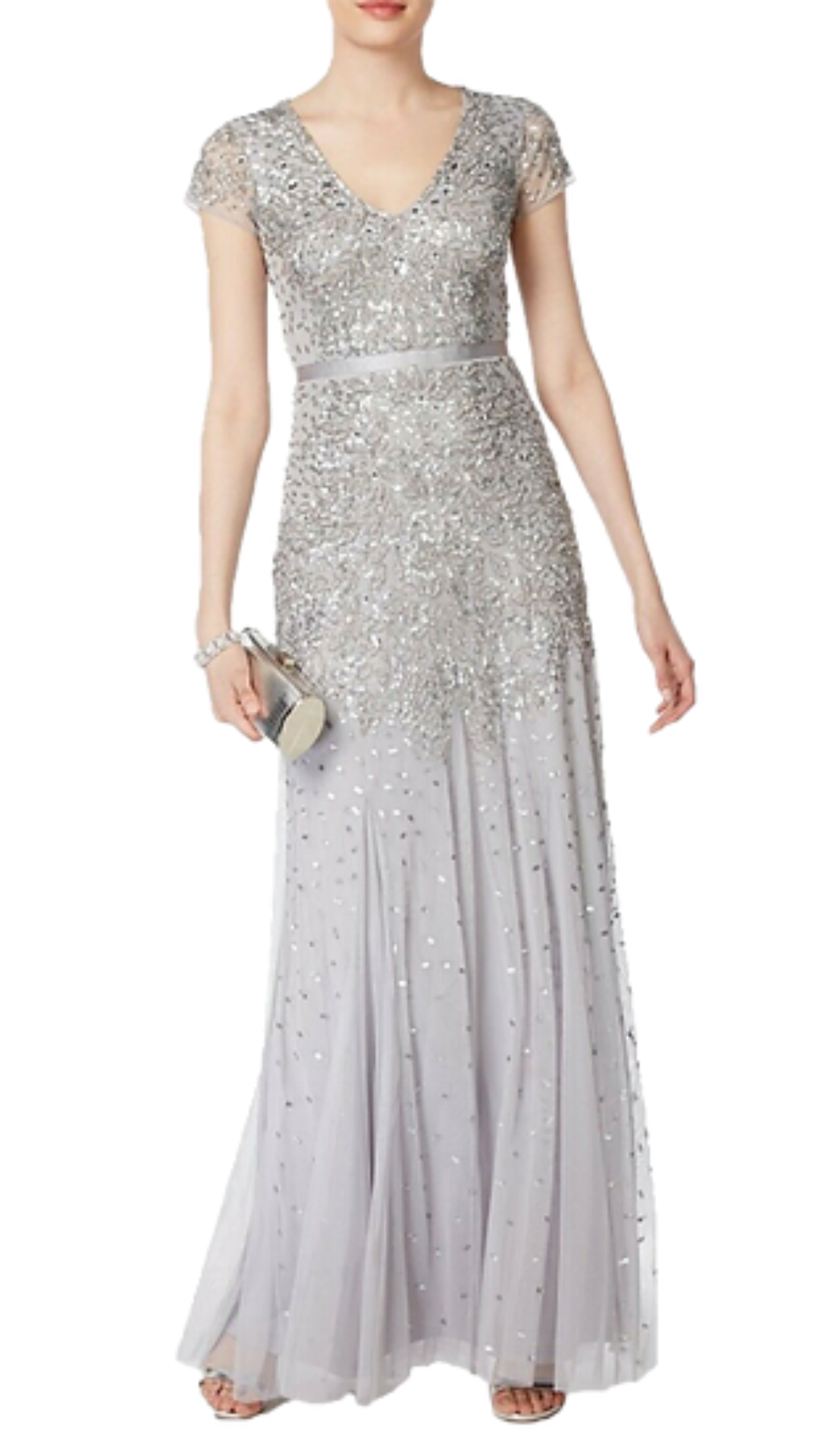 Adrianna Papell Gladys Cap Sleeved Beaded Gown in Silver