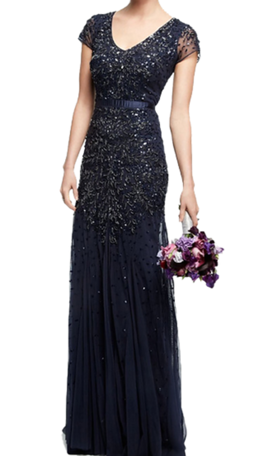Adrianna Papell Gladys Cap Sleeved Beaded Gown in Navy