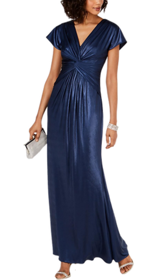 Adrianna Papell Piper Metallic Wrap Gown in Blue