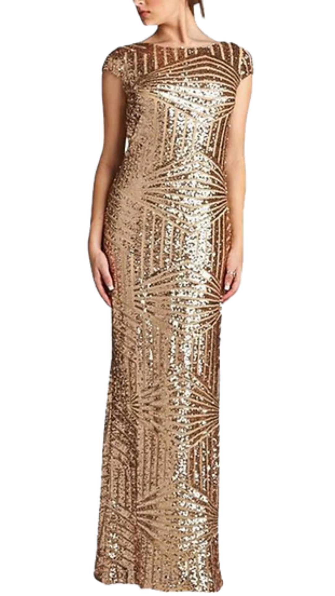 AG Studio Lucia Sequined Cowl Back Gown in Gold