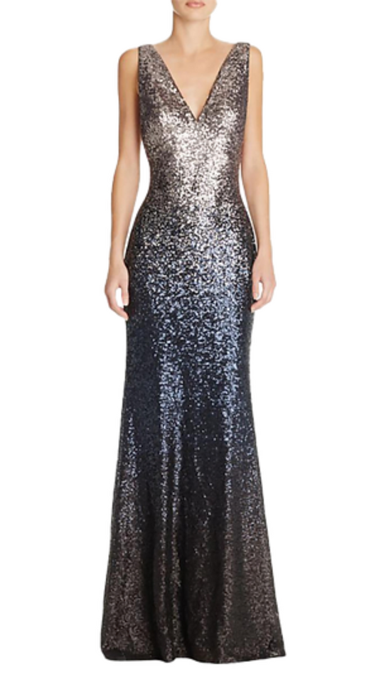Carmen Marc Valvo Liala Sequined Ombre Gown in Silver