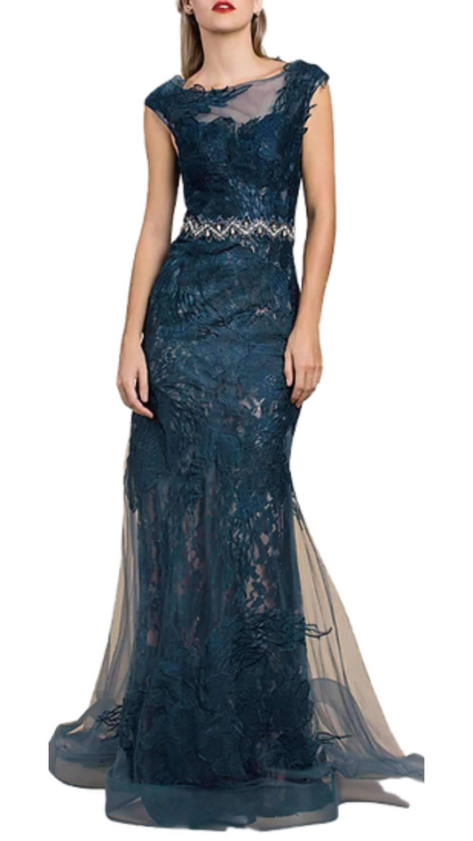 Andrea & Leo Fiona Lace Embellished Waist Gown in Teal