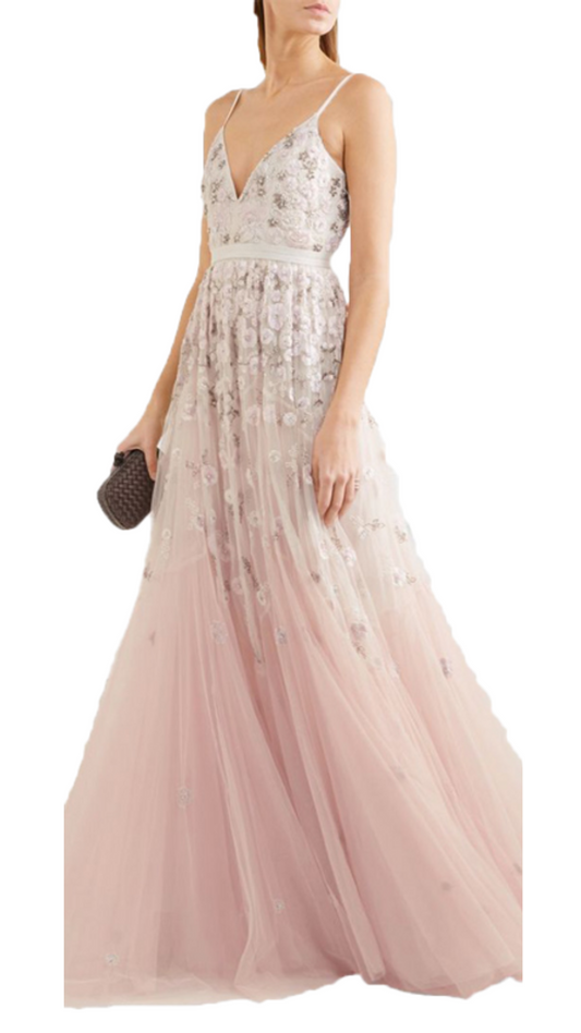 Needle & Thread Natalie Tulle Floral Applique Gown in Pink