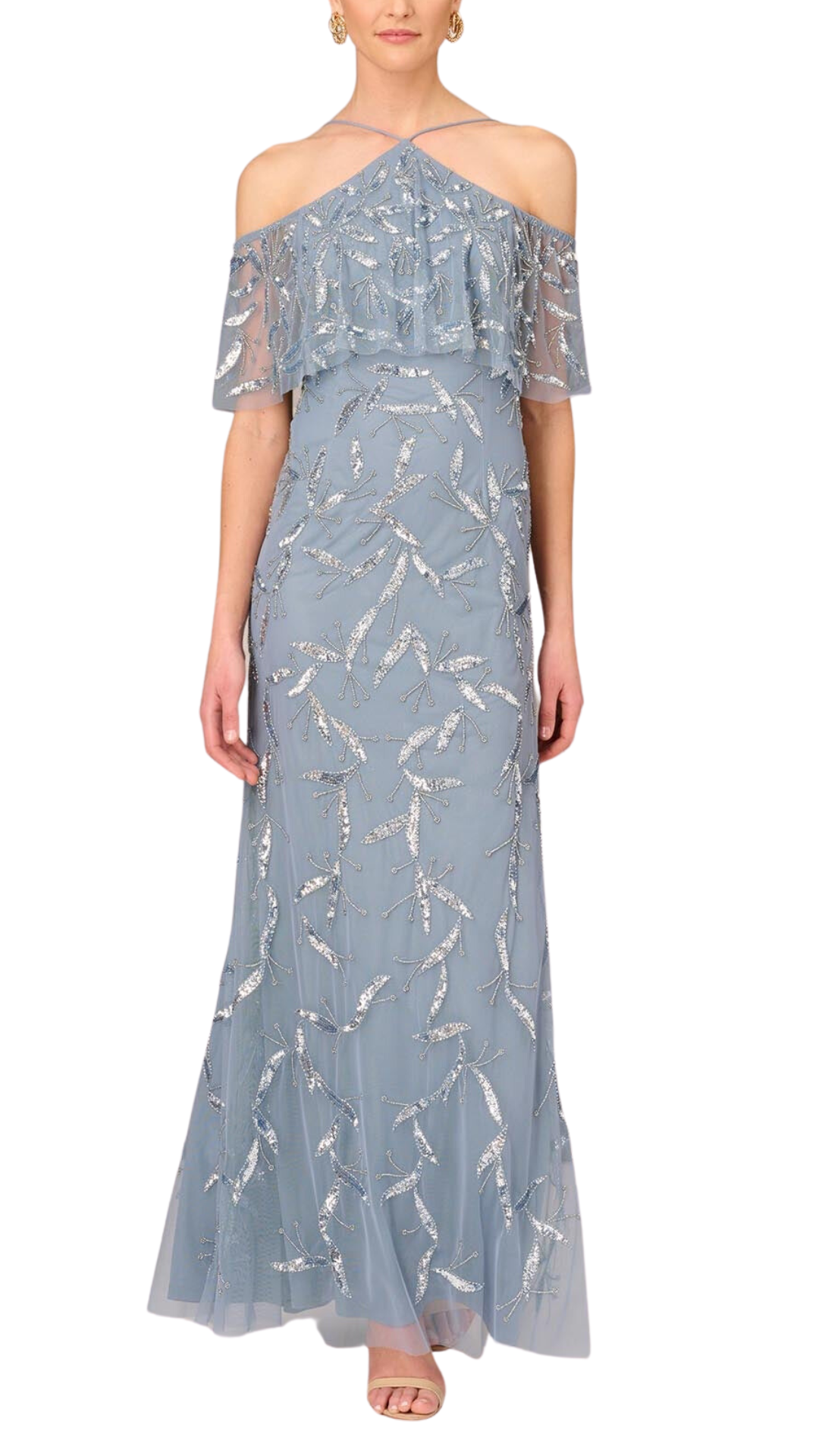 Adrianna Papell Handbeaded Off-Shoulder Gown in Vintage Blue