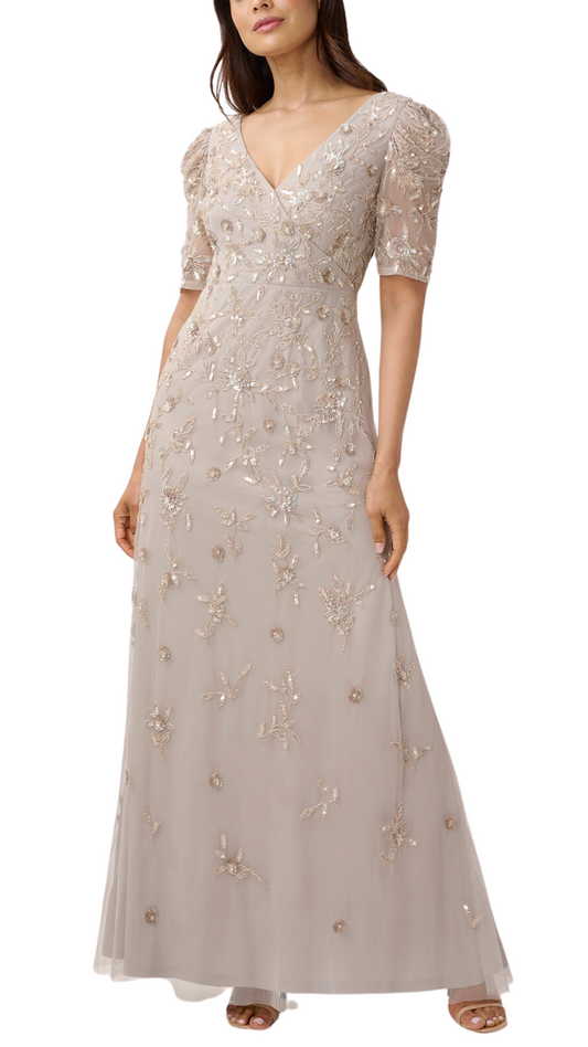 Adrianna Papell Handbeaded Gown With Elbow Sleeves in Marble