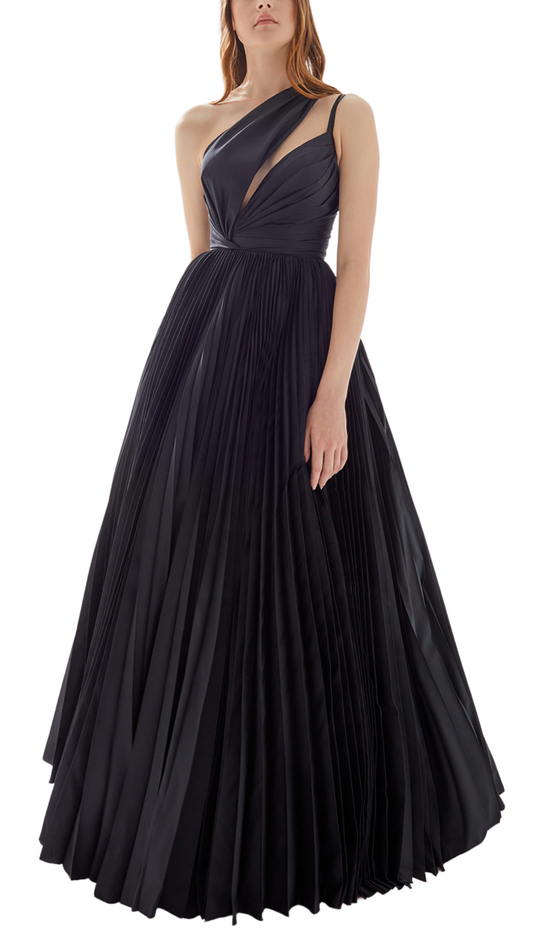 Tarik Ediz Holly Asymmetrical Pleated Gown in Black