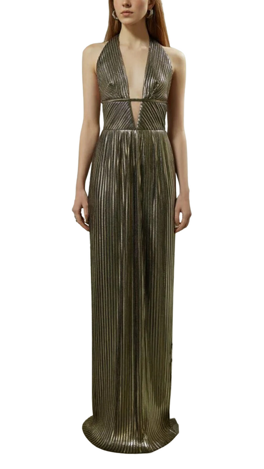 Rasario Sophia Deep Plunge Cut-Out Pleated Dress in Bronze