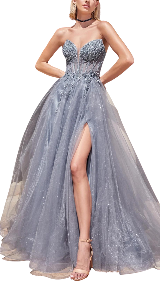 Ladivine A-Line Embellished Gown in Smoky Blue