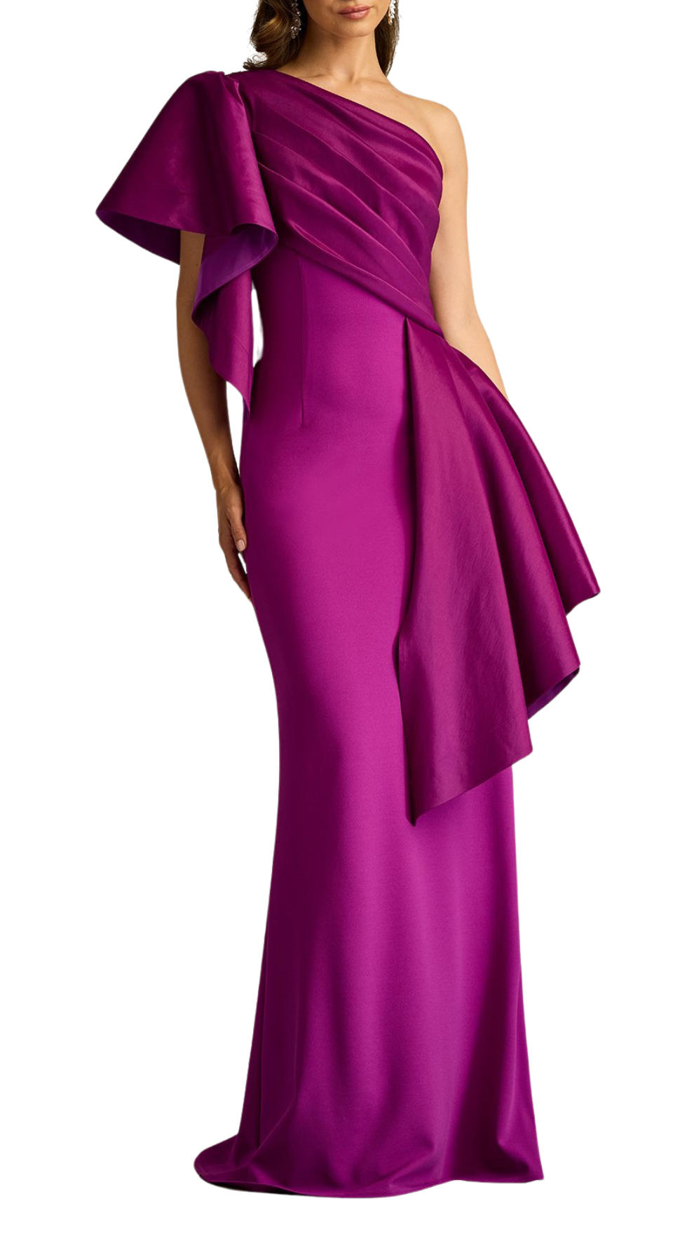 Tadashi Shoji Serena Draped One-Shoulder Gown in Magenta