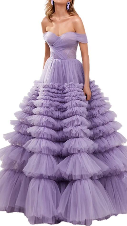 Milla Amelia Pleated Bustier Ruffle Tiered Gown in Purple