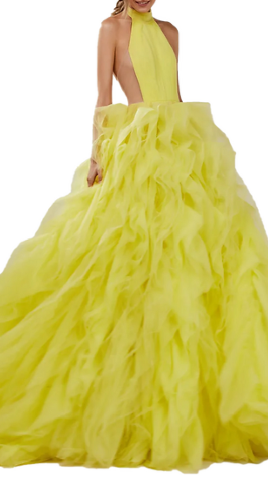 Milla Sunny Turtle Neck Ruffled Gown in Yellow