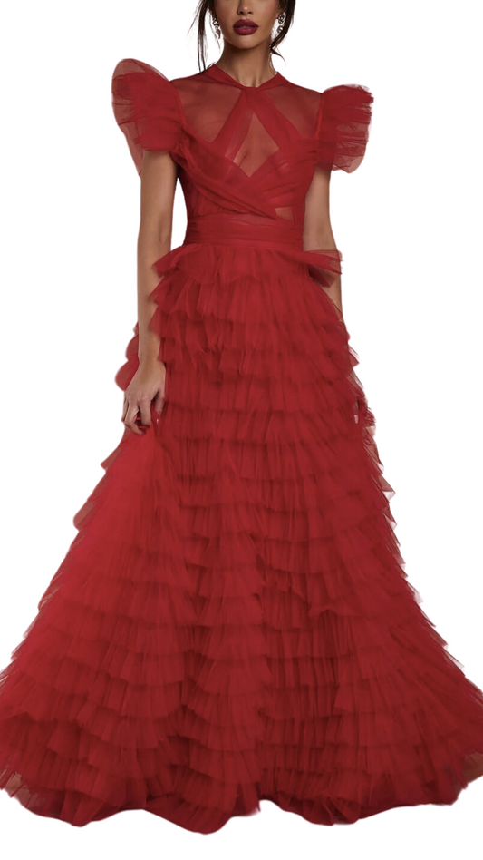 Alexis Ruffled Tulle Gown in Red