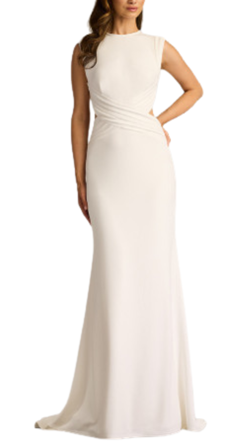 Tadashi Shoji Scoop Neck Cut Out Waist Open Back Gown in Ivory