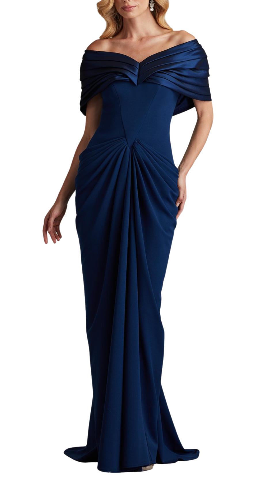 Tadashi Shoji Seraphine Pleated Portrait Collar Gown in Navy