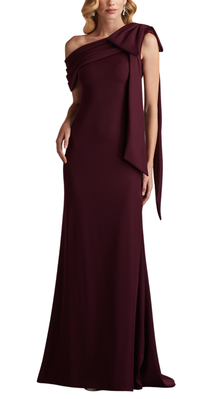 Tadashi Shoji Cassia Bow-Shoulder Crepe Gown in Blackberry