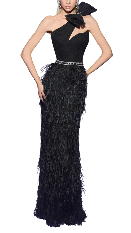 Tarik Ediz Jesse Feather One Shoulder Gown in Black