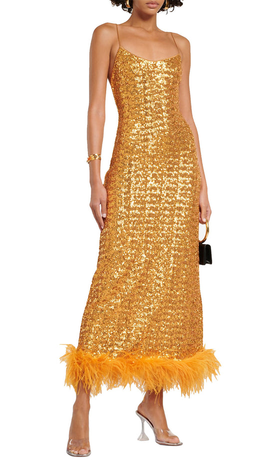 Oséree Paillettes Plumage Slip Dress in Gold
