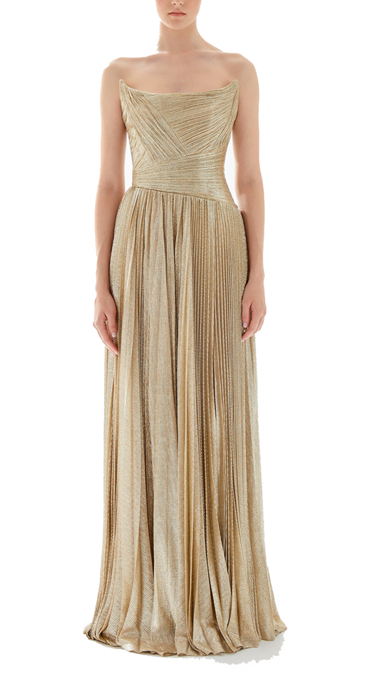 Tarik Ediz Fancy Pleated Shimmer Dress in Gold