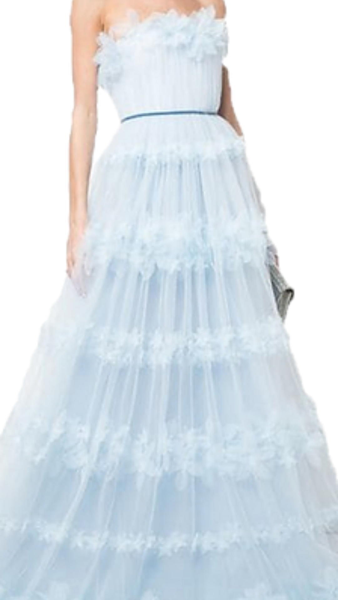 Marchesa Notte Thea Floral Applique A-Line Gown in Baby Blue