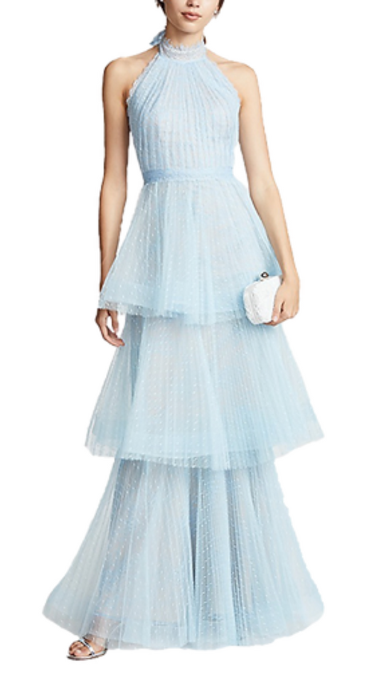 Marchesa Notte Cynthia Halter Lace Gown in Baby Blue