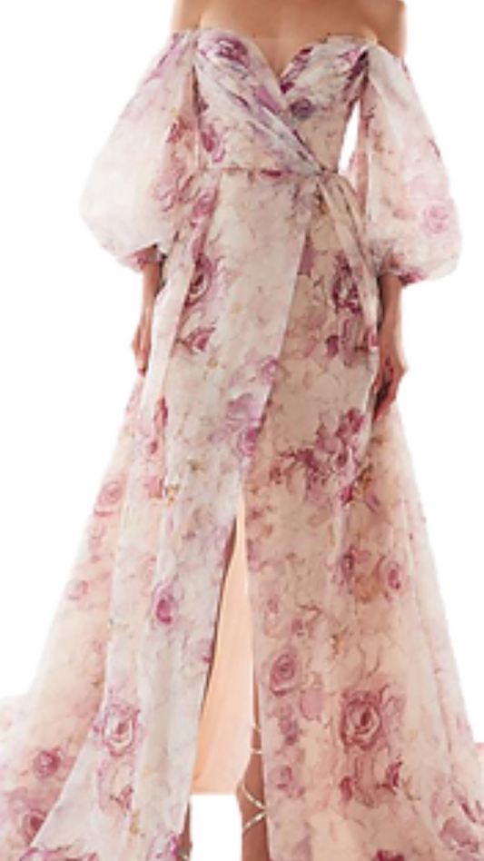Milla Primrose Off-Shoulder Floral Gown in Pink Peony