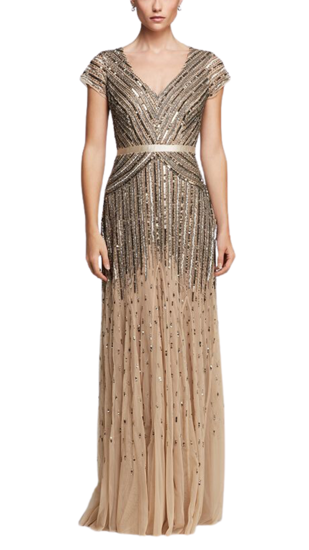 Adrianna Papell Beaded Cap Sleeved Gown in Nude
